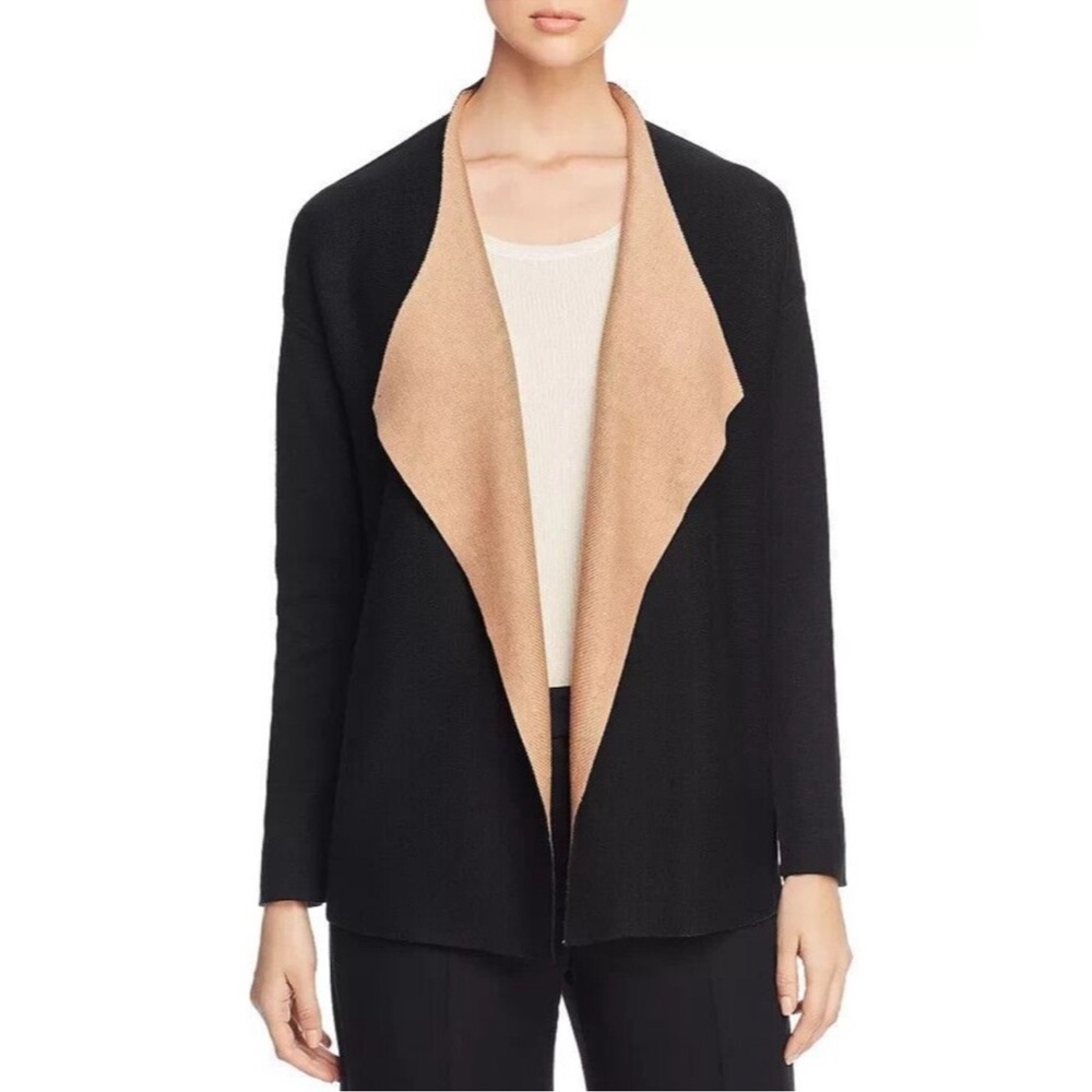 Eileen Fisher Reversible Open Draped Black Brown Cardigan